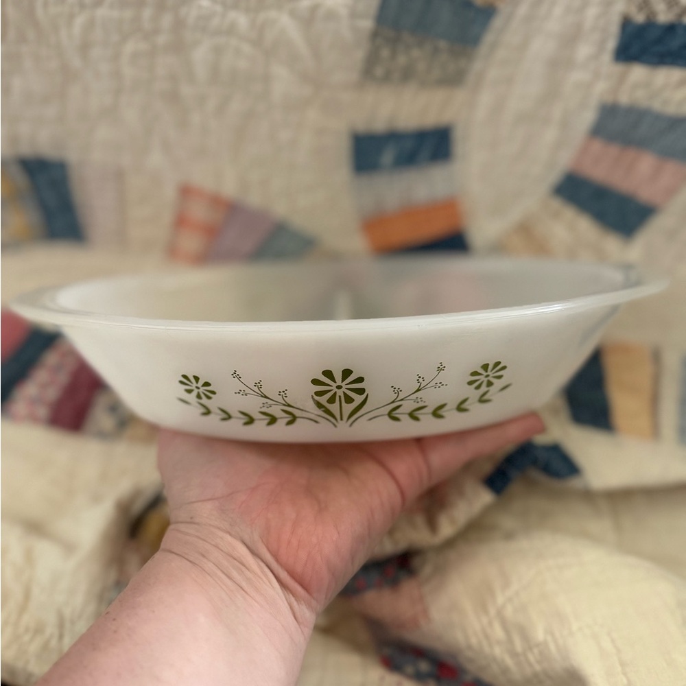 Vintage Glasbake split casserole “Primrose Dream” “Green Daisy” Milk Glass Dish